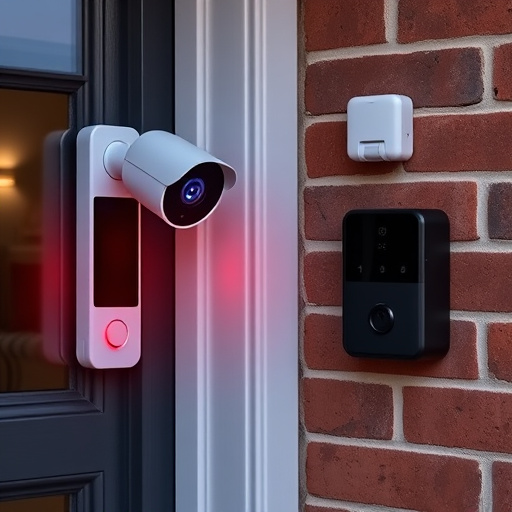 wireless doorbell with camera on brick home,ai security camera scanning for movement,flashing red home security alert light at night,security keypad on modern apartment wall,connected smart home with multiple sensors
