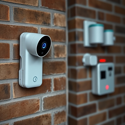 wireless doorbell with camera on brick home,ai security camera scanning for movement,flashing red home security alert light at night,security keypad on modern apartment wall,connected smart home with multiple sensors