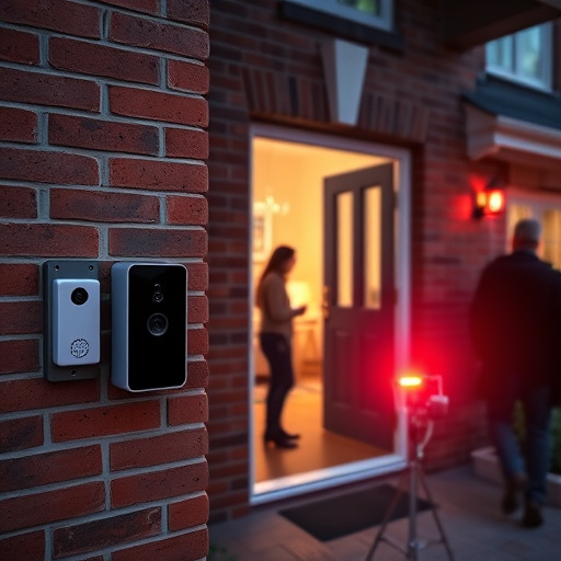 wireless doorbell with camera on brick home,home monitoring control room with multiple screens,doorbell camera recording visitor at night,sensor alert notification on homeowner’s phone,flashing red home security alert light at night