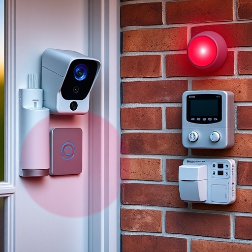 wireless doorbell with camera on brick home,ai security camera scanning for movement,flashing red home security alert light at night,security keypad on modern apartment wall,connected smart home with multiple sensors