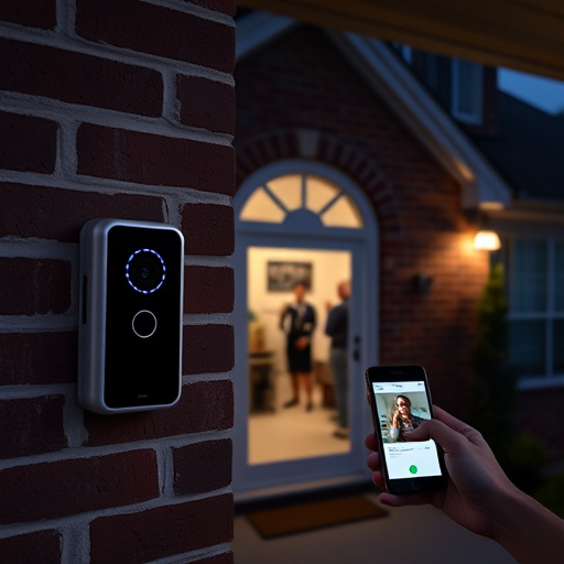 wireless doorbell with camera on brick home,home monitoring control room with multiple screens,doorbell camera recording visitor at night,sensor alert notification on homeowner’s phone,flashing red home security alert light at night