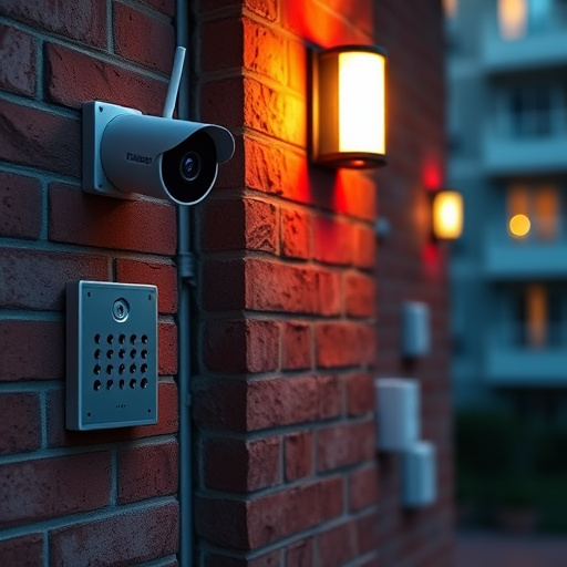 wireless doorbell with camera on brick home,ai security camera scanning for movement,flashing red home security alert light at night,security keypad on modern apartment wall,connected smart home with multiple sensors