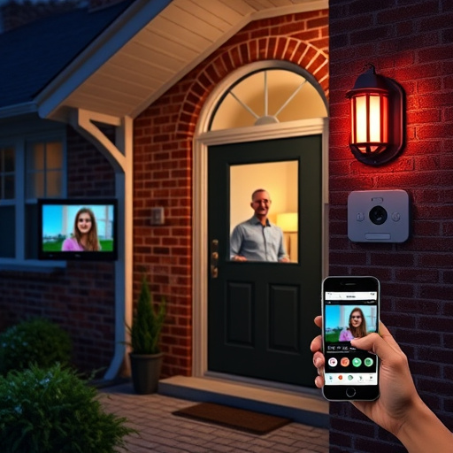 wireless doorbell with camera on brick home,home monitoring control room with multiple screens,doorbell camera recording visitor at night,sensor alert notification on homeowner’s phone,flashing red home security alert light at night