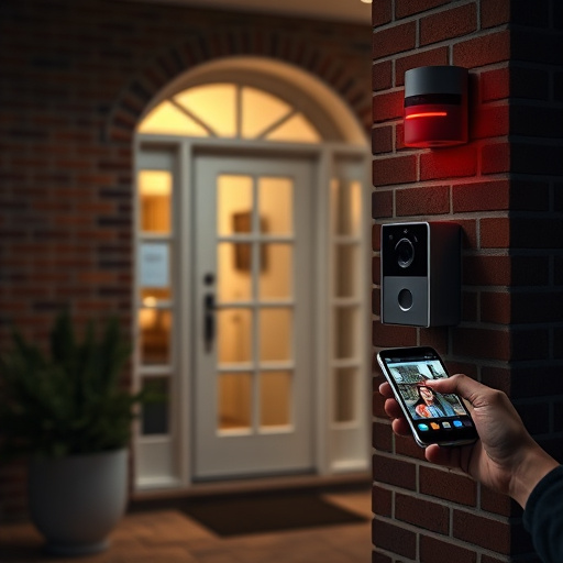 wireless doorbell with camera on brick home,home monitoring control room with multiple screens,doorbell camera recording visitor at night,sensor alert notification on homeowner’s phone,flashing red home security alert light at night