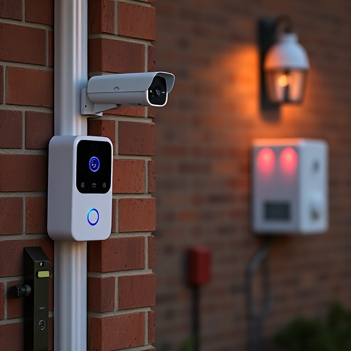 wireless doorbell with camera on brick home,ai security camera scanning for movement,flashing red home security alert light at night,security keypad on modern apartment wall,connected smart home with multiple sensors