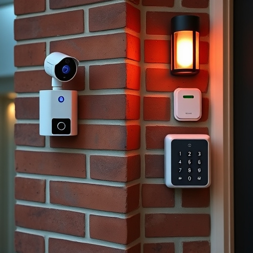 wireless doorbell with camera on brick home,ai security camera scanning for movement,flashing red home security alert light at night,security keypad on modern apartment wall,connected smart home with multiple sensors