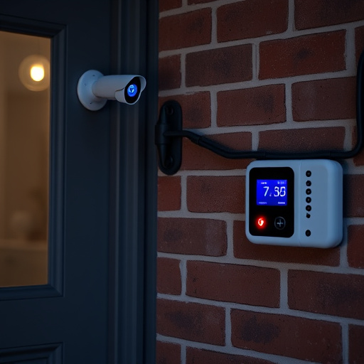 wireless doorbell with camera on brick home,ai security camera scanning for movement,flashing red home security alert light at night,security keypad on modern apartment wall,connected smart home with multiple sensors