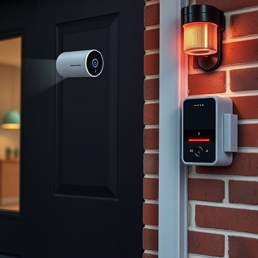 wireless doorbell with camera on brick home,ai security camera scanning for movement,flashing red home security alert light at night,security keypad on modern apartment wall,connected smart home with multiple sensors