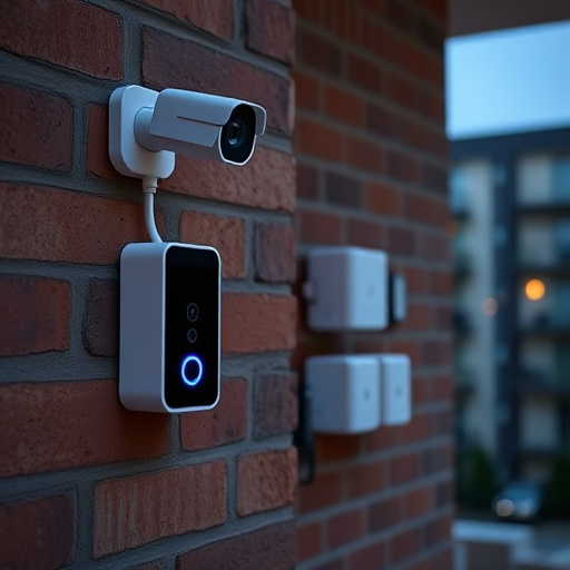 wireless doorbell with camera on brick home,ai security camera scanning for movement,flashing red home security alert light at night,security keypad on modern apartment wall,connected smart home with multiple sensors