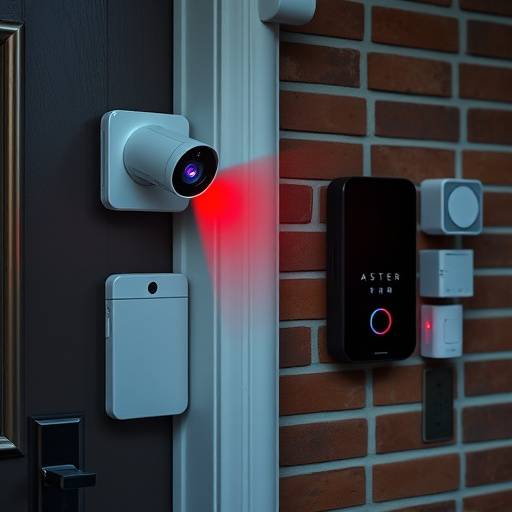 wireless doorbell with camera on brick home,ai security camera scanning for movement,flashing red home security alert light at night,security keypad on modern apartment wall,connected smart home with multiple sensors