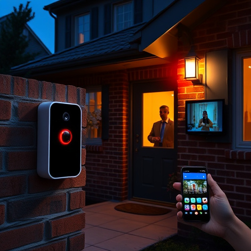 wireless doorbell with camera on brick home,home monitoring control room with multiple screens,doorbell camera recording visitor at night,sensor alert notification on homeowner’s phone,flashing red home security alert light at night