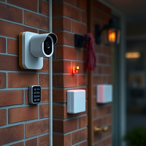 wireless doorbell with camera on brick home,ai security camera scanning for movement,flashing red home security alert light at night,security keypad on modern apartment wall,connected smart home with multiple sensors