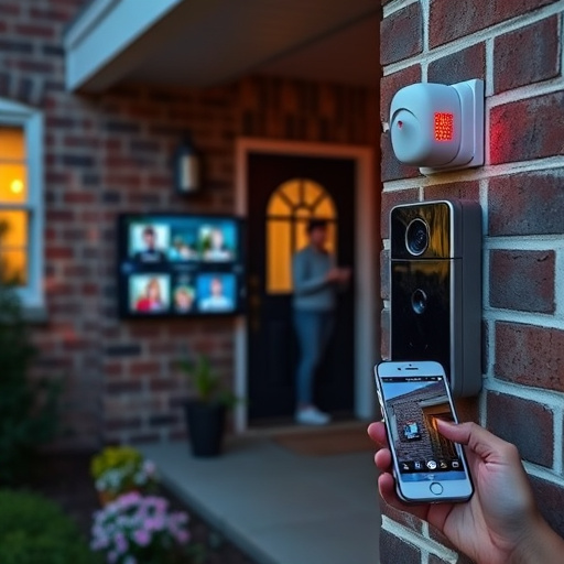 wireless doorbell with camera on brick home,home monitoring control room with multiple screens,doorbell camera recording visitor at night,sensor alert notification on homeowner’s phone,flashing red home security alert light at night