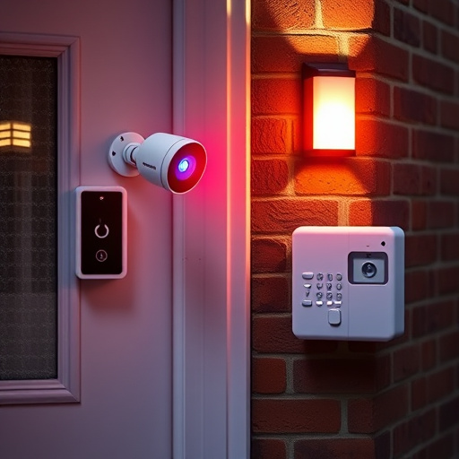wireless doorbell with camera on brick home,ai security camera scanning for movement,flashing red home security alert light at night,security keypad on modern apartment wall,connected smart home with multiple sensors