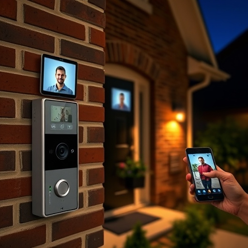 wireless doorbell with camera on brick home,home monitoring control room with multiple screens,doorbell camera recording visitor at night,sensor alert notification on homeowner’s phone,flashing red home security alert light at night