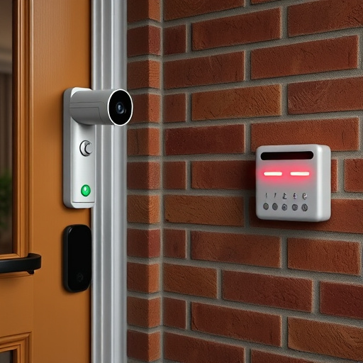 wireless doorbell with camera on brick home,ai security camera scanning for movement,flashing red home security alert light at night,security keypad on modern apartment wall,connected smart home with multiple sensors