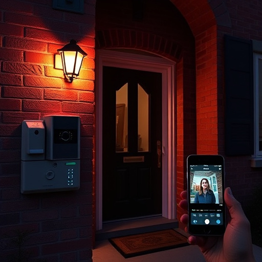 wireless doorbell with camera on brick home,home monitoring control room with multiple screens,doorbell camera recording visitor at night,sensor alert notification on homeowner’s phone,flashing red home security alert light at night