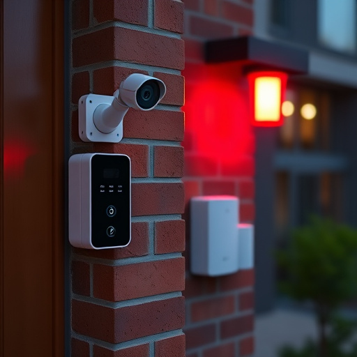 wireless doorbell with camera on brick home,ai security camera scanning for movement,flashing red home security alert light at night,security keypad on modern apartment wall,connected smart home with multiple sensors