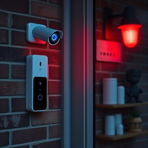 wireless doorbell with camera on brick home,ai security camera scanning for movement,flashing red home security alert light at night,security keypad on modern apartment wall,connected smart home with multiple sensors