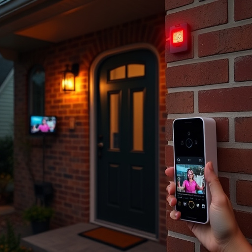 wireless doorbell with camera on brick home,home monitoring control room with multiple screens,doorbell camera recording visitor at night,sensor alert notification on homeowner’s phone,flashing red home security alert light at night