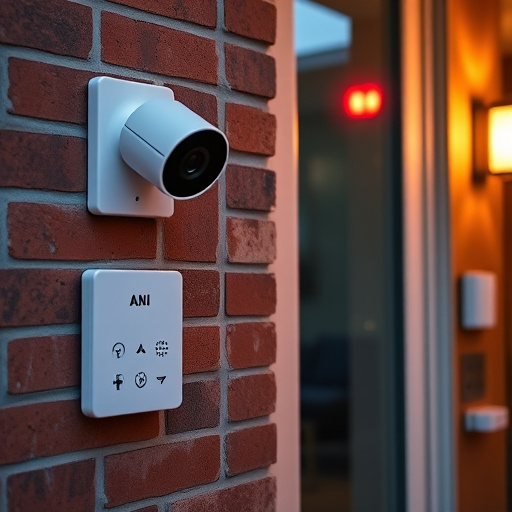 wireless doorbell with camera on brick home,ai security camera scanning for movement,flashing red home security alert light at night,security keypad on modern apartment wall,connected smart home with multiple sensors
