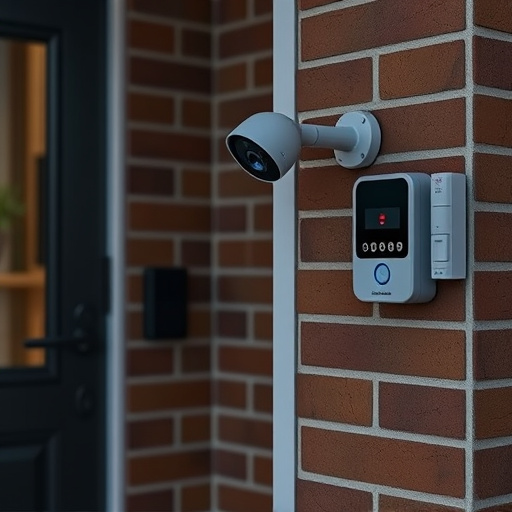 wireless doorbell with camera on brick home,ai security camera scanning for movement,flashing red home security alert light at night,security keypad on modern apartment wall,connected smart home with multiple sensors