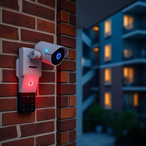 wireless doorbell with camera on brick home,ai security camera scanning for movement,flashing red home security alert light at night,security keypad on modern apartment wall,connected smart home with multiple sensors