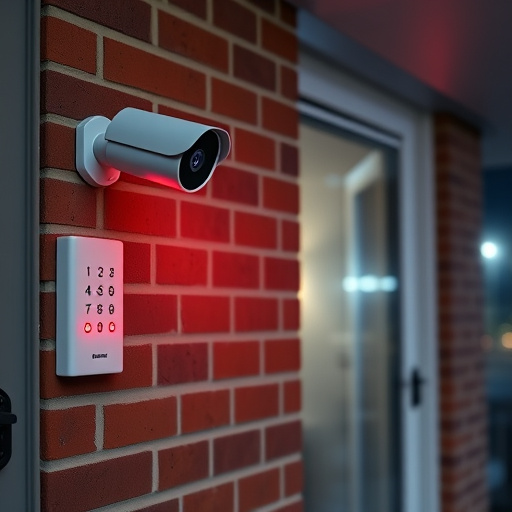wireless doorbell with camera on brick home,ai security camera scanning for movement,flashing red home security alert light at night,security keypad on modern apartment wall,connected smart home with multiple sensors