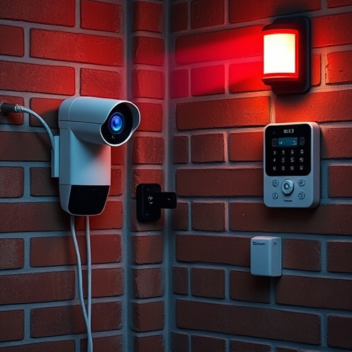 wireless doorbell with camera on brick home,ai security camera scanning for movement,flashing red home security alert light at night,security keypad on modern apartment wall,connected smart home with multiple sensors