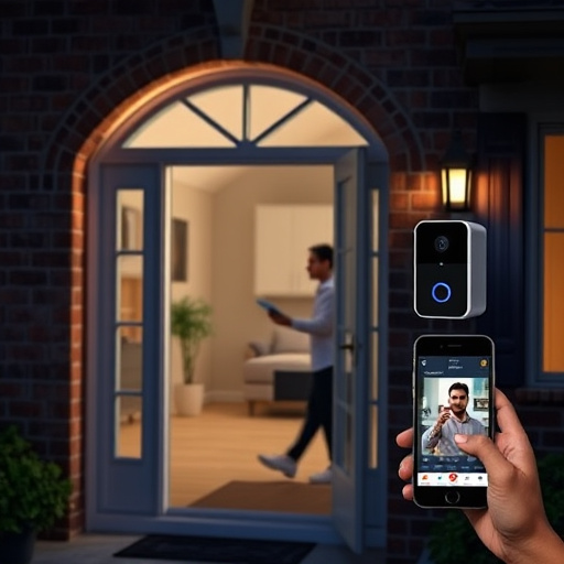 wireless doorbell with camera on brick home,home monitoring control room with multiple screens,doorbell camera recording visitor at night,sensor alert notification on homeowner’s phone,flashing red home security alert light at night
