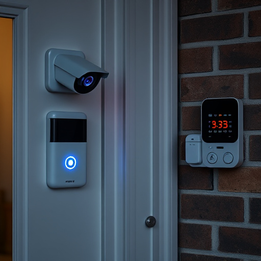 wireless doorbell with camera on brick home,ai security camera scanning for movement,flashing red home security alert light at night,security keypad on modern apartment wall,connected smart home with multiple sensors