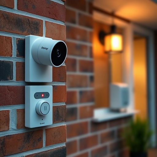 wireless doorbell with camera on brick home,ai security camera scanning for movement,flashing red home security alert light at night,security keypad on modern apartment wall,connected smart home with multiple sensors