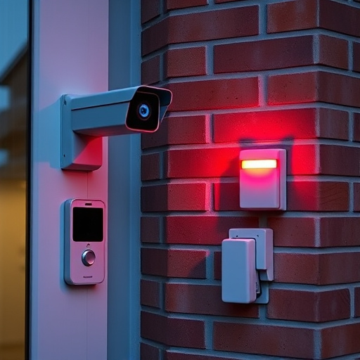 wireless doorbell with camera on brick home,ai security camera scanning for movement,flashing red home security alert light at night,security keypad on modern apartment wall,connected smart home with multiple sensors