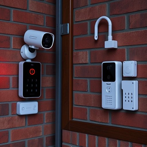 wireless doorbell with camera on brick home,ai security camera scanning for movement,flashing red home security alert light at night,security keypad on modern apartment wall,connected smart home with multiple sensors