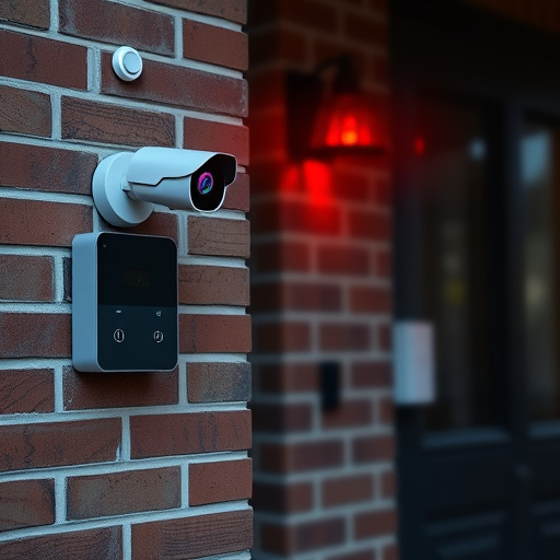 wireless doorbell with camera on brick home,ai security camera scanning for movement,flashing red home security alert light at night,security keypad on modern apartment wall,connected smart home with multiple sensors