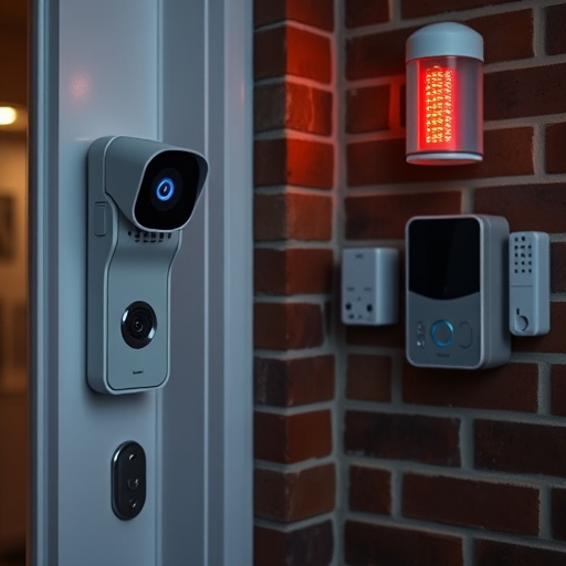 wireless doorbell with camera on brick home,ai security camera scanning for movement,flashing red home security alert light at night,security keypad on modern apartment wall,connected smart home with multiple sensors