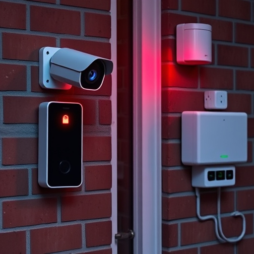 wireless doorbell with camera on brick home,ai security camera scanning for movement,flashing red home security alert light at night,security keypad on modern apartment wall,connected smart home with multiple sensors