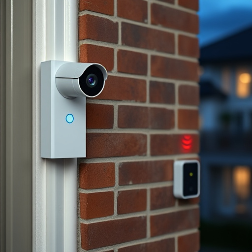 wireless doorbell with camera on brick home,ai security camera scanning for movement,flashing red home security alert light at night,security keypad on modern apartment wall,connected smart home with multiple sensors