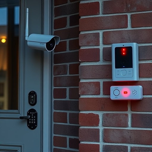 wireless doorbell with camera on brick home,ai security camera scanning for movement,flashing red home security alert light at night,security keypad on modern apartment wall,connected smart home with multiple sensors