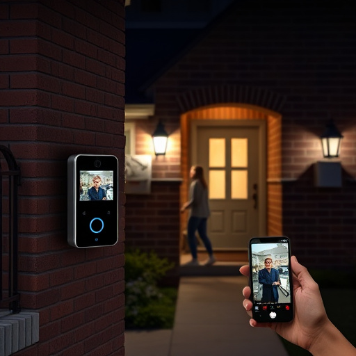 wireless doorbell with camera on brick home,home monitoring control room with multiple screens,doorbell camera recording visitor at night,sensor alert notification on homeowner’s phone,flashing red home security alert light at night