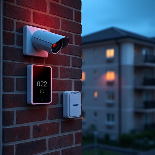 wireless doorbell with camera on brick home,ai security camera scanning for movement,flashing red home security alert light at night,security keypad on modern apartment wall,connected smart home with multiple sensors