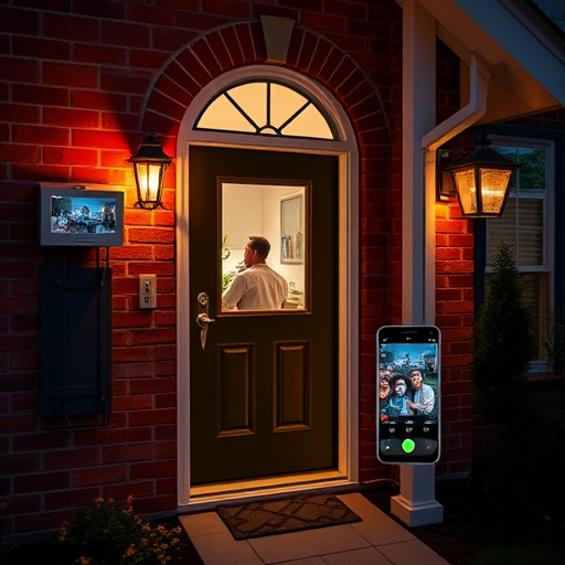 wireless doorbell with camera on brick home,home monitoring control room with multiple screens,doorbell camera recording visitor at night,sensor alert notification on homeowner’s phone,flashing red home security alert light at night