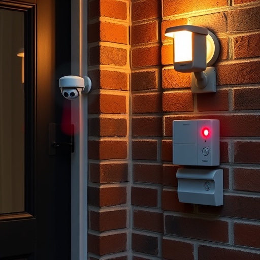 wireless doorbell with camera on brick home,ai security camera scanning for movement,flashing red home security alert light at night,security keypad on modern apartment wall,connected smart home with multiple sensors