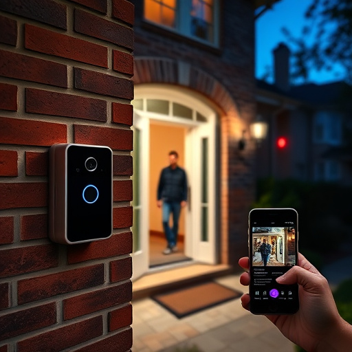 wireless doorbell with camera on brick home,home monitoring control room with multiple screens,doorbell camera recording visitor at night,sensor alert notification on homeowner’s phone,flashing red home security alert light at night