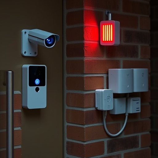 wireless doorbell with camera on brick home,ai security camera scanning for movement,flashing red home security alert light at night,security keypad on modern apartment wall,connected smart home with multiple sensors