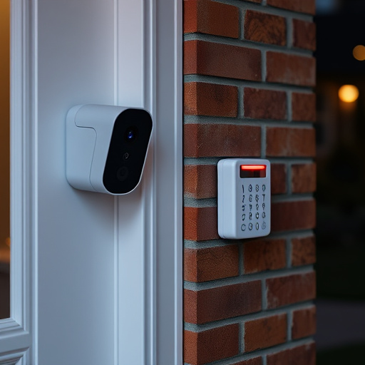 wireless doorbell with camera on brick home,ai security camera scanning for movement,flashing red home security alert light at night,security keypad on modern apartment wall,connected smart home with multiple sensors