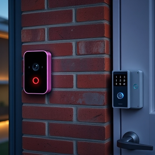 wireless doorbell with camera on brick home,ai security camera scanning for movement,flashing red home security alert light at night,security keypad on modern apartment wall,connected smart home with multiple sensors