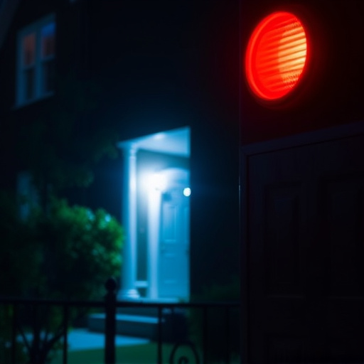 flashing red home security alert light at night