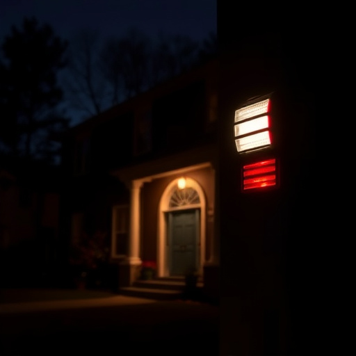 flashing red home security alert light at night