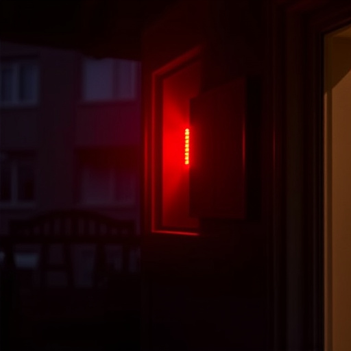 flashing red home security alert light at night